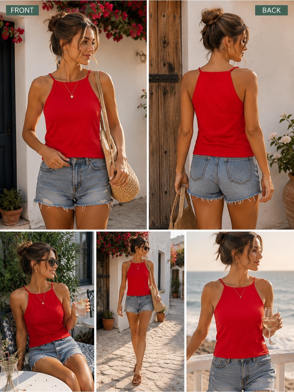 Red High-Neck Halter Tank Top — Women's Casual Summer Staple